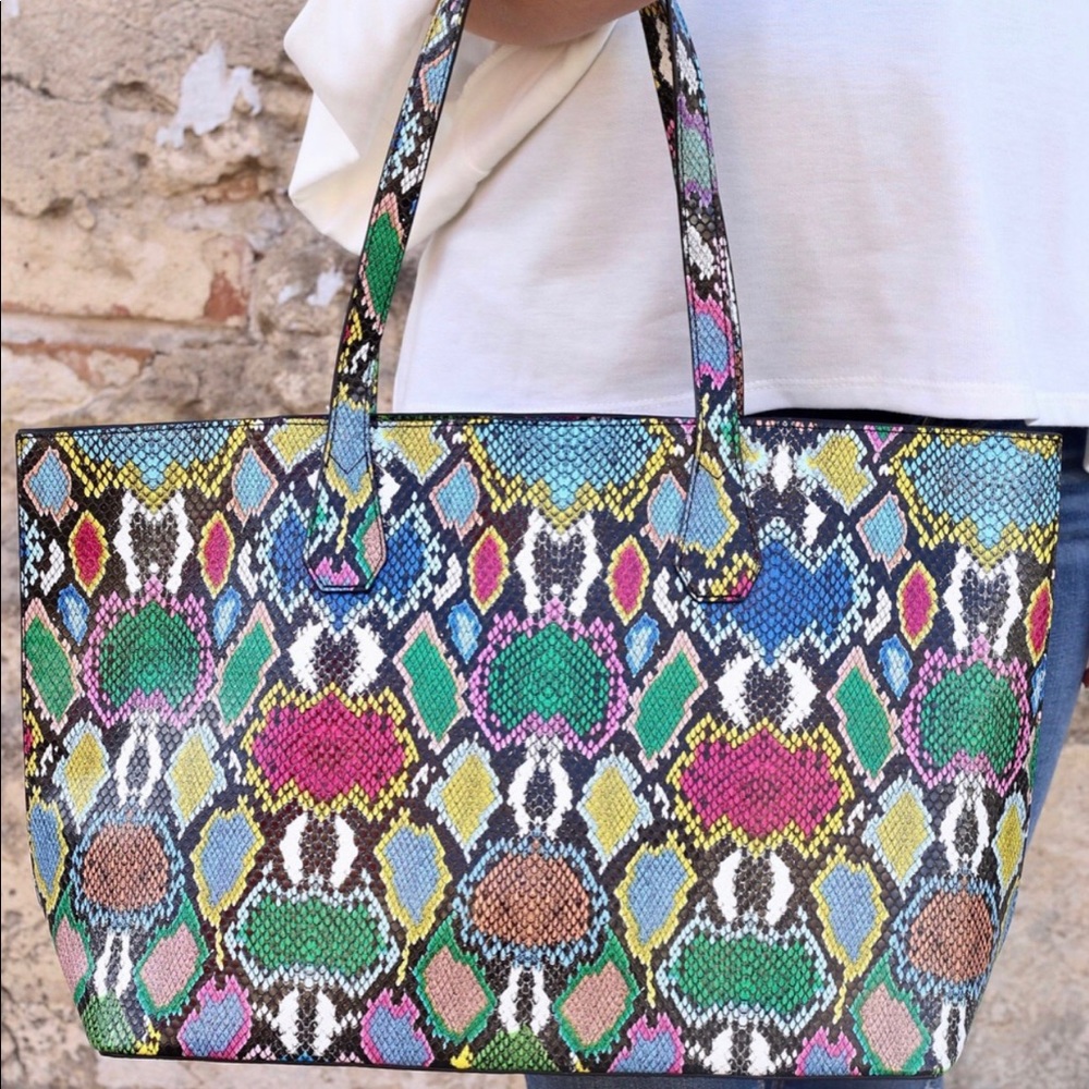 Leather snake print tote
